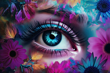 Sticker - eye of the person with colourful flowers. Generative AI image.