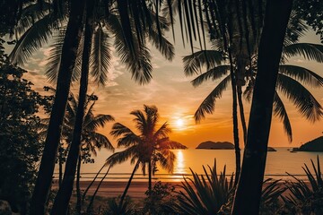 Poster - tropical sunset over the ocean with silhouetted palm trees. Generative AI