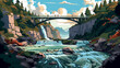 © SANGHYUN - century modern vector illustration of majestic waterfalls cascading down rocky cliffs. AI generative