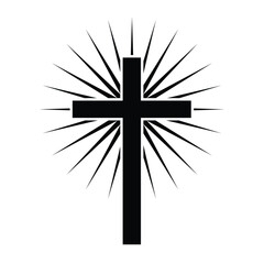 Cross with shining light isolated on a white background. A symbol of the love of Jesus. God vector illustration. Catholic symbol flat vector, black cross with glow. Christian cross symbol icon.