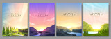 Fototapeta Zachód słońca - Vector illustration. A set of landscapes in a flat style. Sunrise morning forest, evening sunset scene, misty terrain with slopes, mountains by lake. Design for poster, cover, layout, brochure, flyer