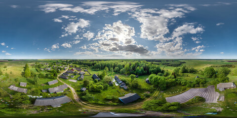 360 hdri panorama view over abandoned eco village in middle of woods in equirectangular spherical projection. for VR AR content