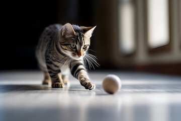 happy domestic kitten plays with a ball in the apartment on a light background. AI generated. the concept of cat food and healthy animals. toys for animals Generative AI