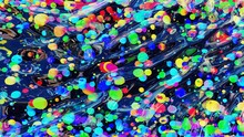 Abstract Background Of Shiny Glossy Surface Like Wavy Transparent Liquid With Rainbow Color Circles Like Drops Of Paint In Oil. Beautiful Creative Background With Color Gradient. 3d Render