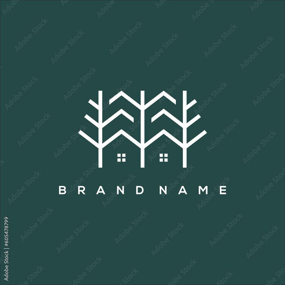 Line art pine tree house logo vector Stock Vector | Adobe Stock