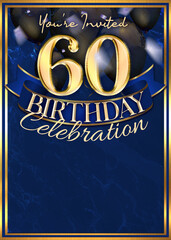 Wall Mural - 60th Birthday Party Invitation Template Blue Gold Design