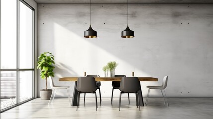 Interior design inspiration of Minimalist Scandi style home dining room loveliness decorated with Concrete and Metal material and Pendant Light .Generative AI home interior design .