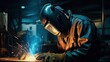 © fotografci2019 - Fictional artificial intelligence generated male worker welding metal parts wearing protective suit gloves and helmet, blurred background. Generative ai