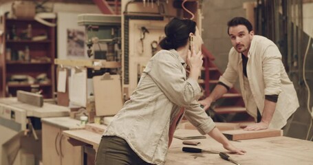 Poster - Phone call, woman or carpenter talking in a workshop for small business planning. Female person speaking on a smartphone for carpentry deal, development and ideas for creative furniture project
