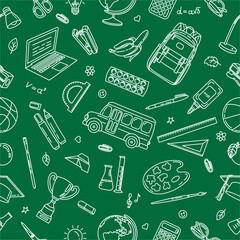 Seamless pattern of school supplies in doodle style. Vector pattern on the school theme