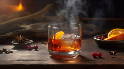 Wall Mural - Smoky maple old fashioned cocktail artfully presented in a rocks glass. An orange cocktail in a rocks glass with a big ice cube. Realistic 3D illustration. Generative AI