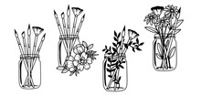 Jar With Paint Brushes And Flowers. Outline Vector Designs.