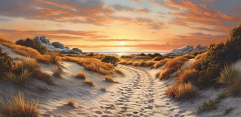 path to sand at sunset Generative AI