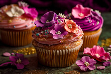 Cupcakes With Glittering Icing And Flowers. Generative AI.
