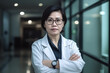 © Alan - closeup portrait of an asian senior woman medic female doctor specialist, wearing glasses, generative AI