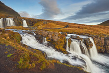 Kirkjufellsfoss Falls, Near The Port Of Grundarfjordur, Snaefellsnes Peninsula, Western Iceland, Polar Regions