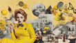 Poster collage in por art style. Woman in yellow dress in 50´s custome.  Image Generative AI.