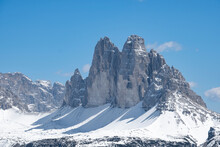 Three peaks of Lavaredo (Tre Cime di Lavaredo) mountains covered by pristine snow, Dolomites, Belluno, Italy, Europe