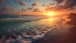 A peaceful beach scene with gentle waves, seagulls, and a colorful sunset captured with a wide-angle lens, using warm and vibrant film to create a serene and inviting atmosphere generative AI