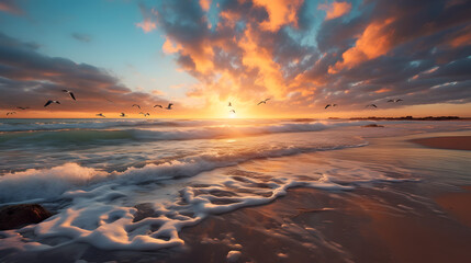 a peaceful beach scene with gentle waves, seagulls, and a colorful sunset captured with a wide-angle