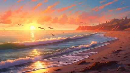 Wall Mural - A peaceful beach scene with gentle waves, seagulls, and a colorful sunset captured with a wide-angle lens, using warm and vibrant film to create a serene and inviting atmosphere generative AI