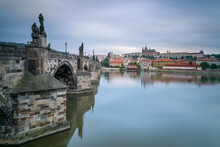 Prague Castle And Charles Bridge On Vltava River In City, UNESCO World Heritage Site, Prague, Bohemia, Czech Republic (Czechia), Europe
