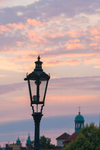 Detail of lamp post at Charles Bridge at sunrise, Prague, Bohemia, Czech Republic (Czechia), Europe