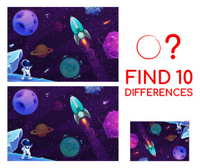Aufkleber - Find ten differences on galaxy space landscape matching game vector worksheet. Kids puzzle quiz with cartoon fantasy planets, astronaut and rocket, asteroids and comets on starry sky background
