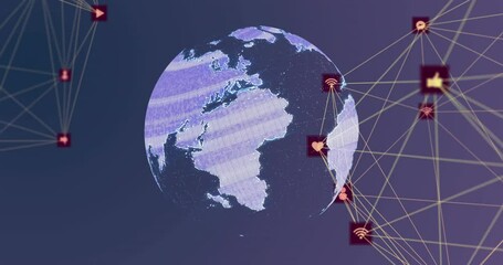 Poster - Animation of network of digital icons over spinning globe against purple gradient background