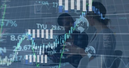 Poster - Animation of stock market data processing against two diverse women discussing at office