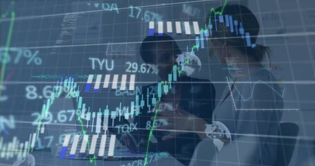 Poster - Animation of stock market data processing against two diverse women discussing at office