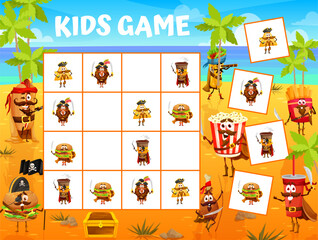 Poster - Sudoku kids game cartoon pirates fastfood characters on treasure island. Vector riddle quiz with nachos, donut, coffee and burger corsairs on chequered board. Educational task, children worksheet