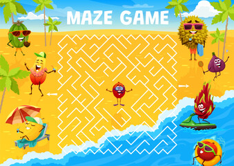 Poster - Labyrinth maze quiz game cartoon fruits characters on summer beach. Kids vector worksheet with lychee, feijoa, papaya and melon. Durian, figs, dragon fruit and plum relax at seaside boardgame riddle
