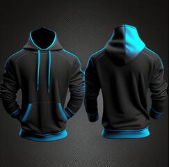 Blank black hoodie template. Hoodie sweatshirt long sleeve with clipping path, hoody for design mockup for print, isolated on white / black background. Sport wearsuit. Template sport winter clothes