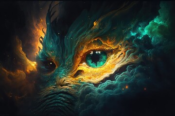 Wall Mural - Green eye male demon in a mystery art style. distinct generative AI image.