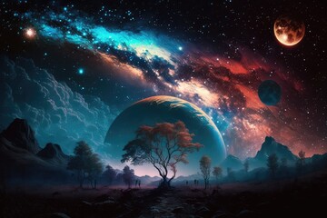 Wall Mural - Beautiful celestial sky in dreamy fantasy with bright star in the sky over nature landscape Generative AI