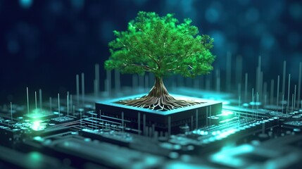 3D rendering of a green tree growing on the motherboard of a computer.Generative Ai