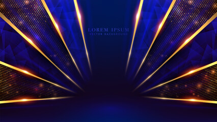 Wall Mural - blue luxury background with triangle diamond elegant, diagonal golden lines and glowing effects deco
