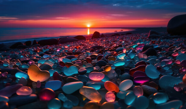 multiple colored seaglass pieces at sunset, generative AI