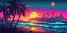 Aesthetic Beach Synthwave Retrowave Wallpaper With A Cool And Vibrant Neon Design, Generative AI