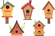 Different Wooden Handmade Bird Houses Collection, Isolated On White Background. Flat Cartoon Homemade Nesting Boxes For Birds, Ecology Birdboxes Vector Illustration