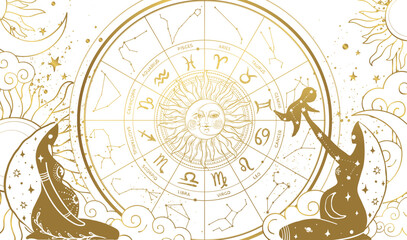 Wall Mural - Pregnancy and conception according to the zodiac sign, the birth of children according to the lunar calendar. Beautiful banner with golden zodiac wheel and pregnant women on white background. vector