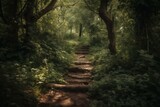 Fototapeta Do pokoju - Lush path through dense woods. Generative AI