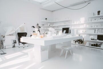 Wall Mural - White studio with raised platform for displaying products. Generative AI