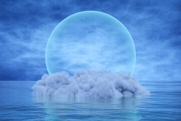 Wall Mural - Abstract 3d render podium background, The cloud floating on the surface water with transparent blue light ball, backdrop blue night sky for product display, advertising or etc