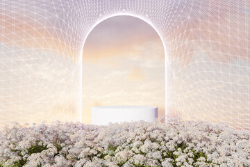 Wall Mural - Abstact 3d render spring scene and Natural podium background, White podium on the white flowers field, backdrop mesh beam arch, sky and clouds for product display advertising, cosmetic or etc
