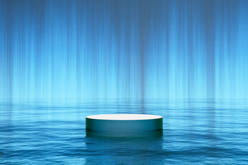 Wall Mural - Abstact 3D render podium backgrond, Podium floating on the water, Backdrop has a beam of light blue color shining up on the sky for product display, create and design