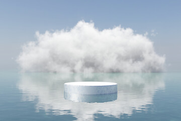 Wall Mural - Abstract 3d render summer scene and pedestal background, White podium on the sea, backdrop clear sky and Cloud reflecting on the water surface look amazing for product display advertising or etc