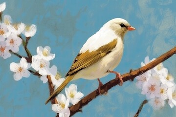 Naklejka na meble bird sitting on a branch of a blooming tree Generative AI
