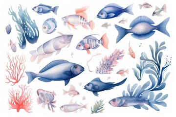  Marine fish underwater illustration in blue pastel tone, with white background using generative AI